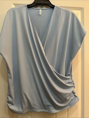 HALARA Light Blue Draped Wrap-Front Blouse